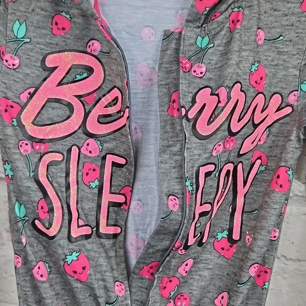 Justice Strawberry Pajama Romper Girls 6 7 Hooded Sleepwear Lounge One Piece Pjs